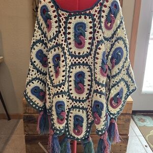 Upcycled Afghan Blanket Poncho One Sz Granny Square-like Dont Throw It Out